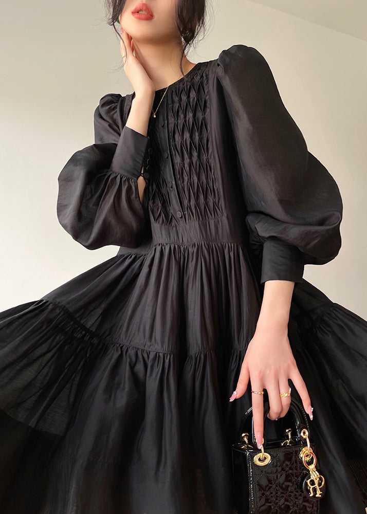 Elegant Black O-Neck Print Silk Mid Dress Long Sleeve