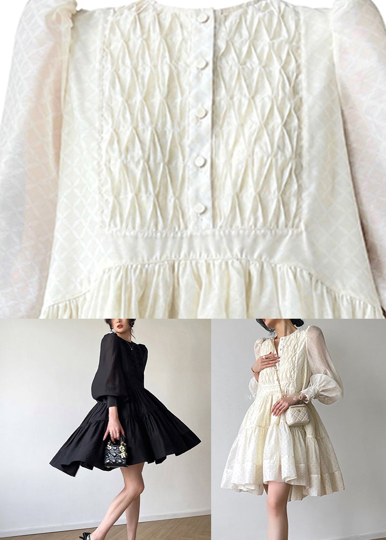 Elegant Black O-Neck Print Silk Mid Dress Long Sleeve