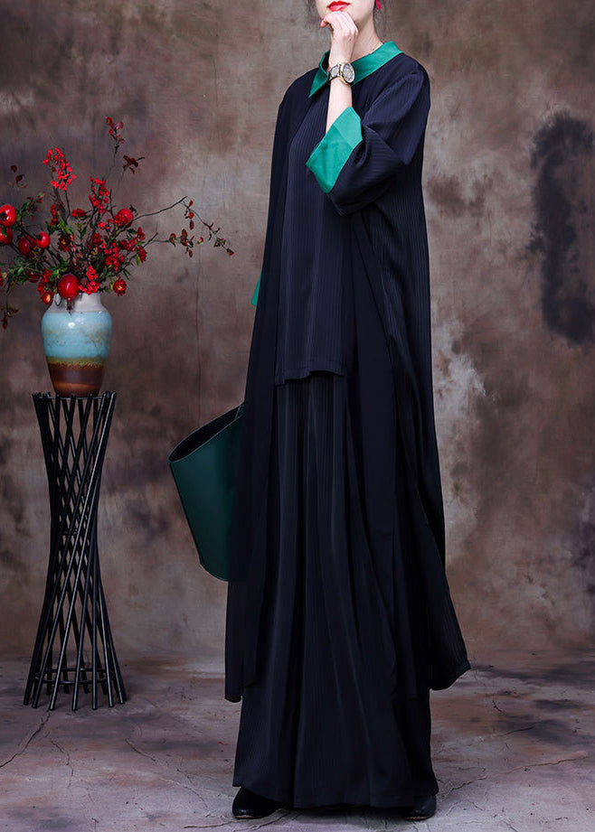 Elegant Black Patchwork Green Peter Pan Collar Low High Design Chiffon Long Shirt And Wide Leg Pant Two Pieces Set Summer