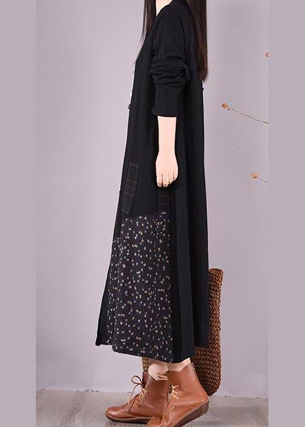 Elegant Black Patchwork Print Tunic O Neck Pockets Maxi Spring Dresses - Omychic