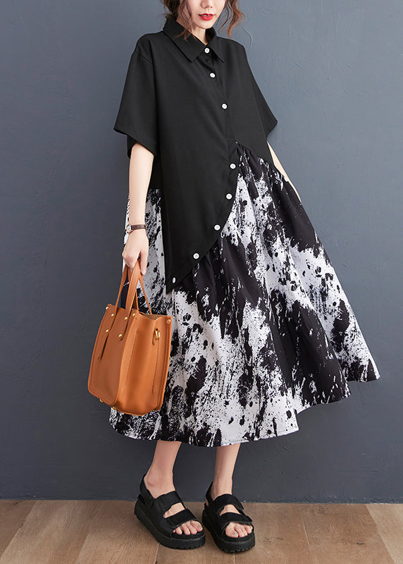 Elegant Black Peter Pan Collar Button Asymmetrical Print Shirt Dress Short Sleeve