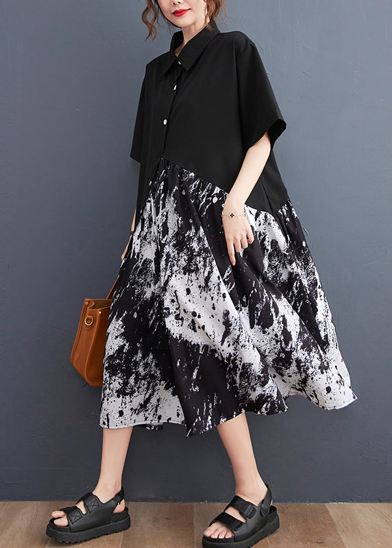 Elegant Black Peter Pan Collar Button Asymmetrical Print Shirt Dress Short Sleeve