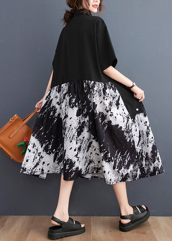 Elegant Black Peter Pan Collar Button Asymmetrical Print Shirt Dress Short Sleeve