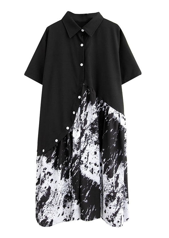 Elegant Black Peter Pan Collar Button Asymmetrical Print Shirt Dress Short Sleeve