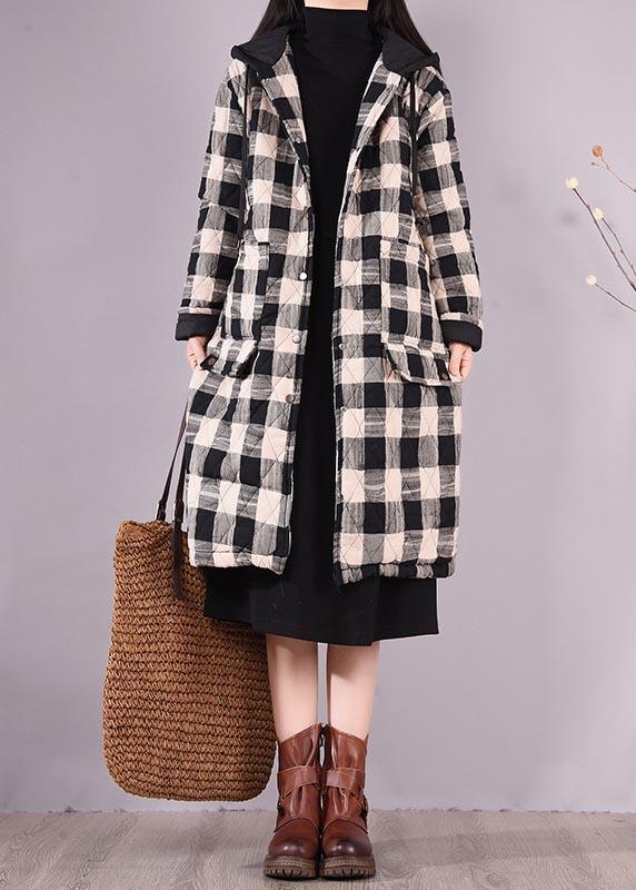 Elegant Black Plaid Parkas For Women Trendy Plus Size Coats Hooded Pockets Outwear - Omychic