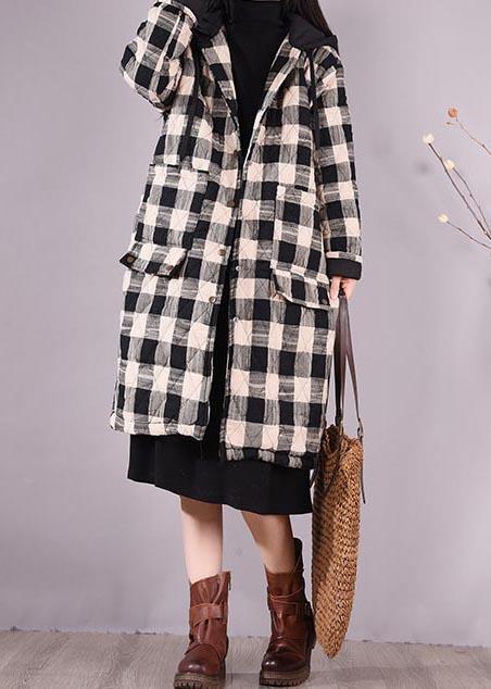 Elegant Black Plaid Parkas For Women Trendy Plus Size Coats Hooded Pockets Outwear - Omychic