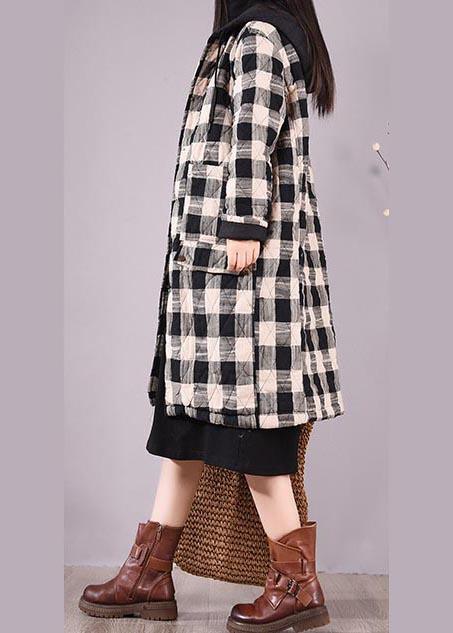 Elegant Black Plaid Parkas For Women Trendy Plus Size Coats Hooded Pockets Outwear - Omychic