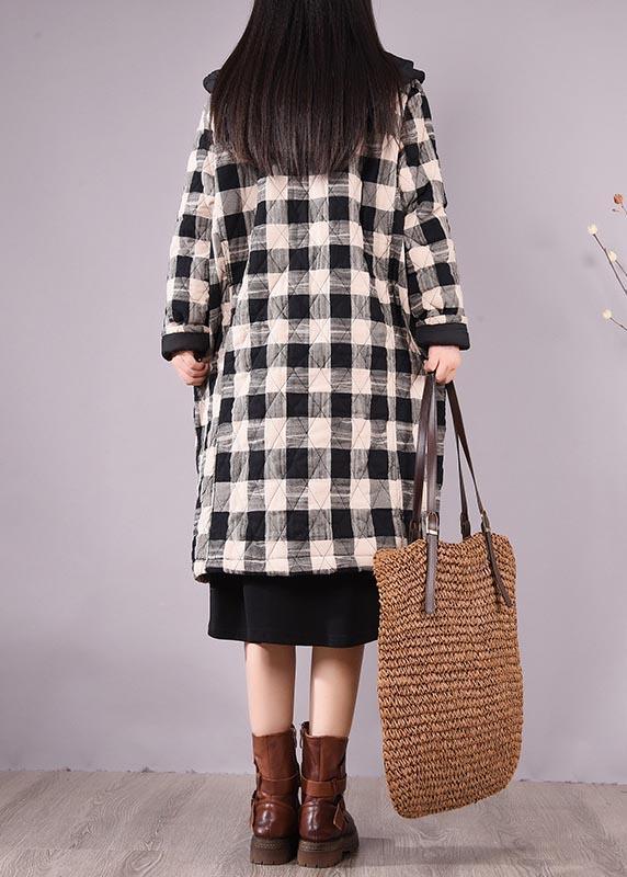 Elegant Black Plaid Parkas For Women Trendy Plus Size Coats Hooded Pockets Outwear - Omychic