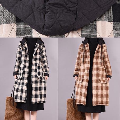 Elegant Black Plaid Parkas For Women Trendy Plus Size Coats Hooded Pockets Outwear - Omychic