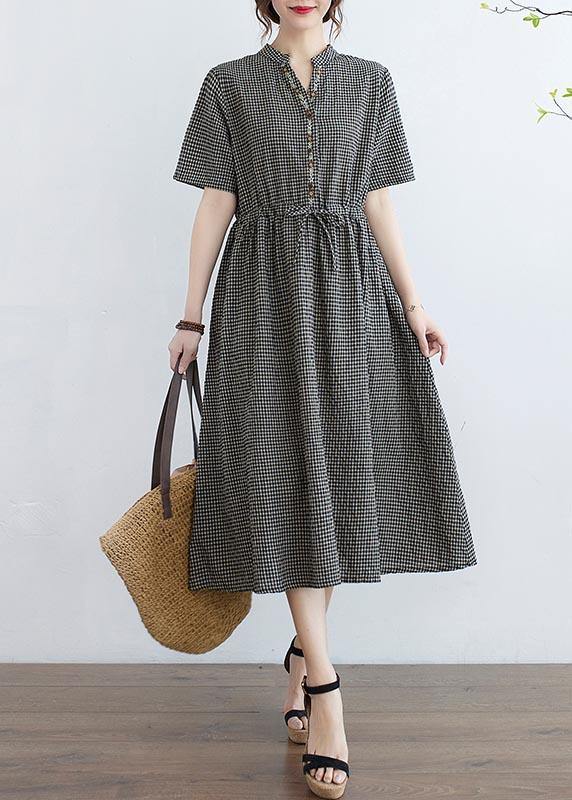 Elegant Black Plaid tie waist Cotton Linen Dress Summer - Omychic