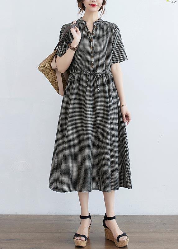 Elegant Black Plaid tie waist Cotton Linen Dress Summer - Omychic