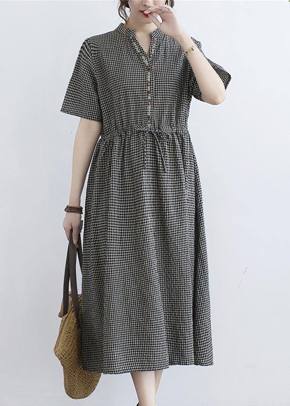 Elegant Black Plaid tie waist Cotton Linen Dress Summer - Omychic