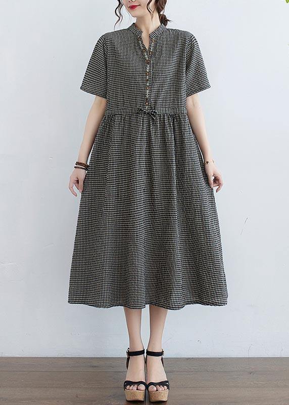 Elegant Black Plaid tie waist Cotton Linen Dress Summer - Omychic