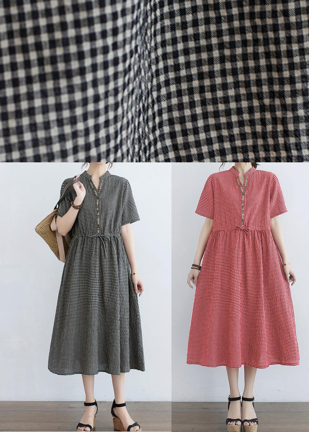 Elegant Black Plaid tie waist Cotton Linen Dress Summer - Omychic