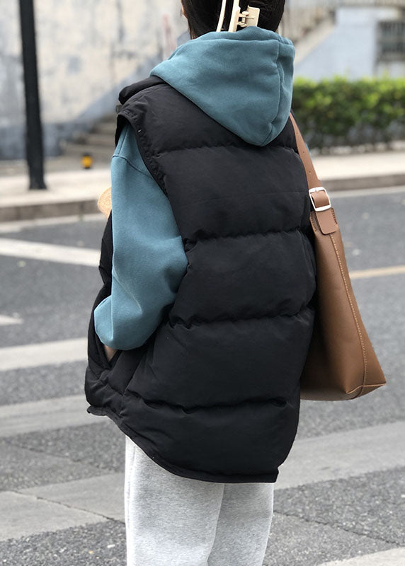 Elegant Black Pockets Button Patchwork Winter Warm Sleeveless Puffer Vest