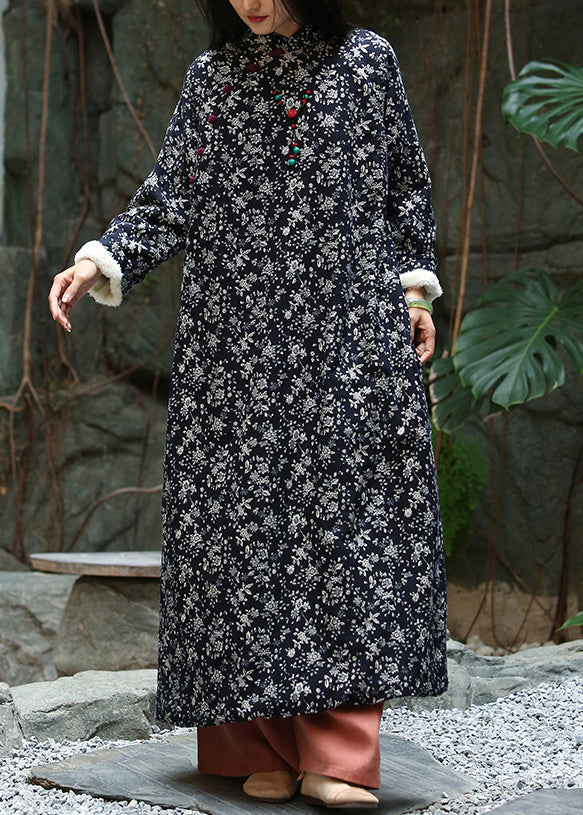 Elegant Black Print Button Patchwork Warm Fleece Maxi Dresses Winter