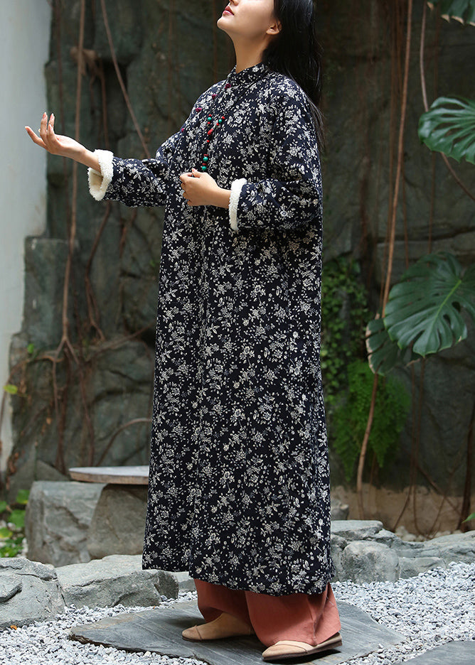 Elegant Black Print Button Patchwork Warm Fleece Maxi Dresses Winter
