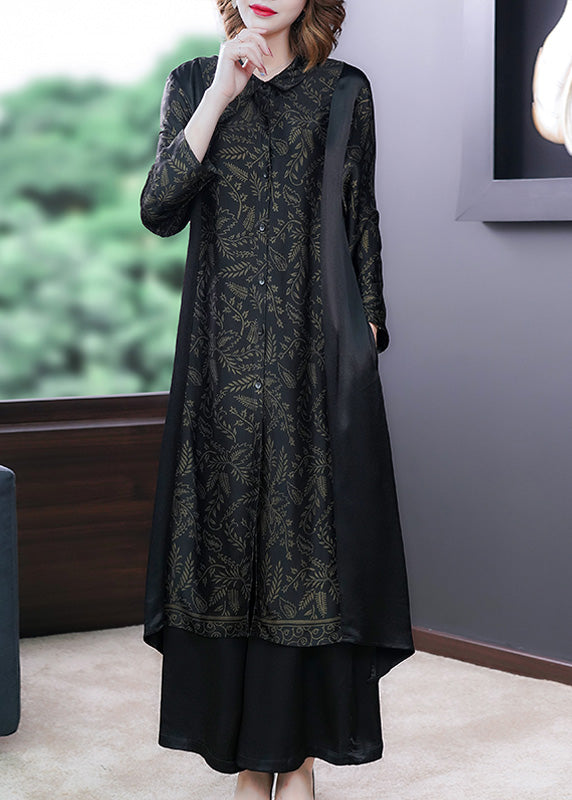 Elegant Black Print Button Silk Long Shirts And Wide Leg Pants Two Piece Set Long Sleeve