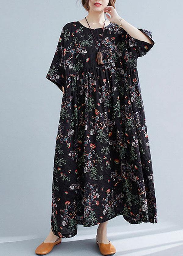 Elegant Black Print O-Neck Patchwork Summer Robe Dresses Half Sleeve - Omychic