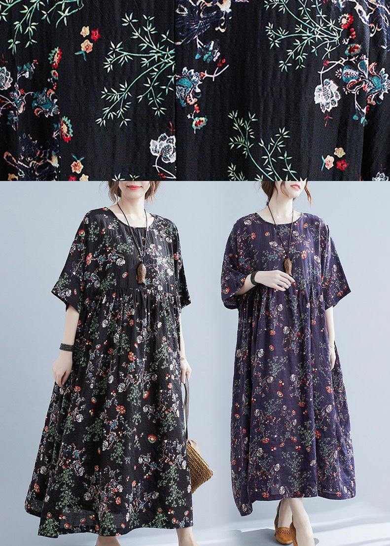 Elegant Black Print O-Neck Patchwork Summer Robe Dresses Half Sleeve - Omychic