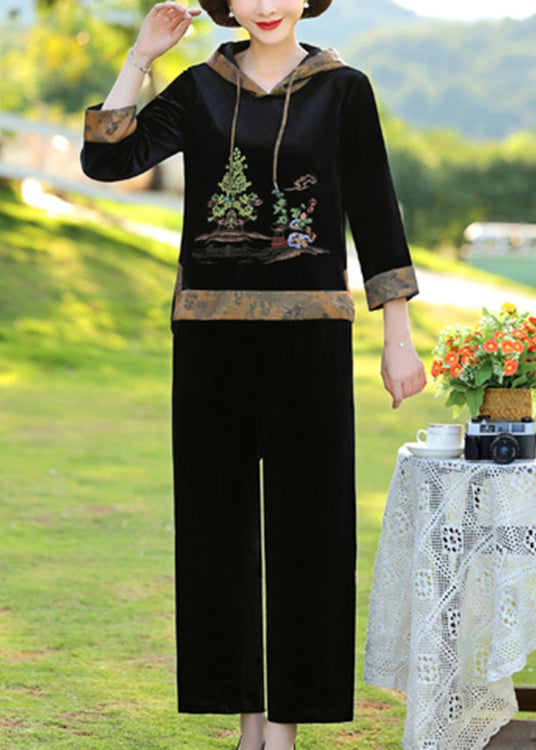 Elegant Black Print Patchwork Hooded Silk Velour Top And Wide Leg Pants Two Pieces Set Fall