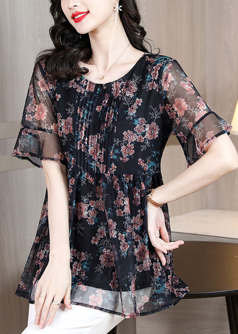 Elegant Black Print Patchwork Wrinkled Chiffon Shirt Tops Summer