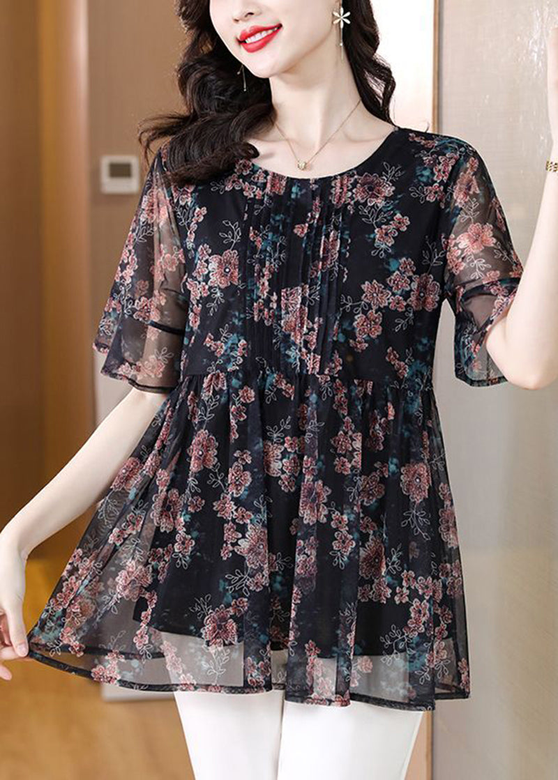 Elegant Black Print Patchwork Wrinkled Chiffon Shirt Tops Summer