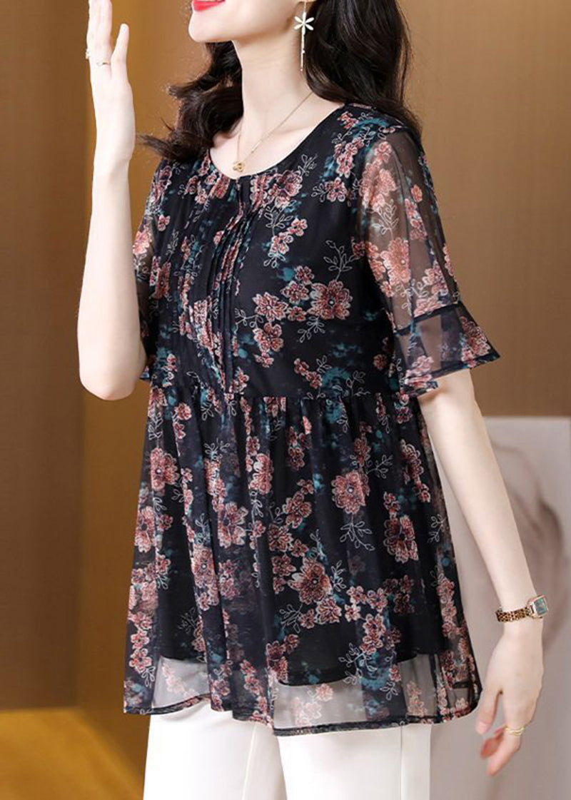 Elegant Black Print Patchwork Wrinkled Chiffon Shirt Tops Summer