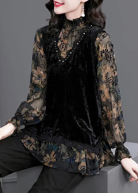 Elegant Black Ruffled Print Patchwork Silk Velour Tops Fall