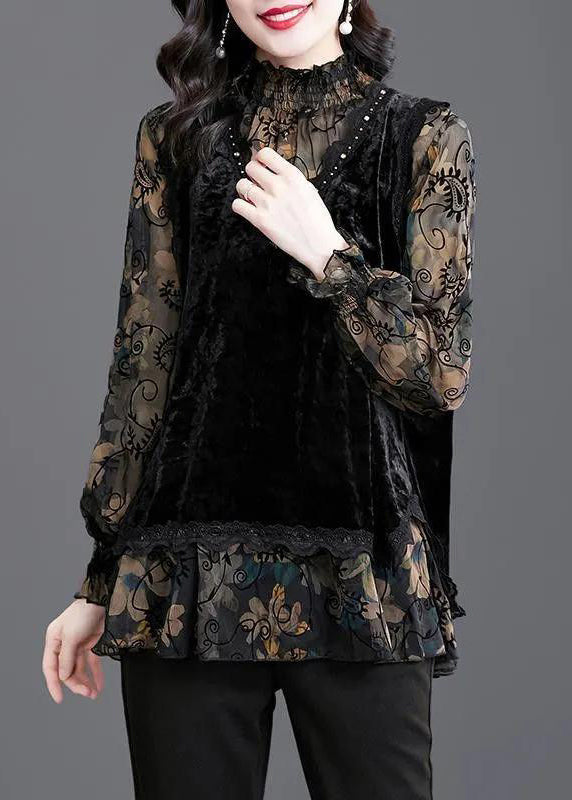Elegant Black Ruffled Print Patchwork Silk Velour Tops Fall