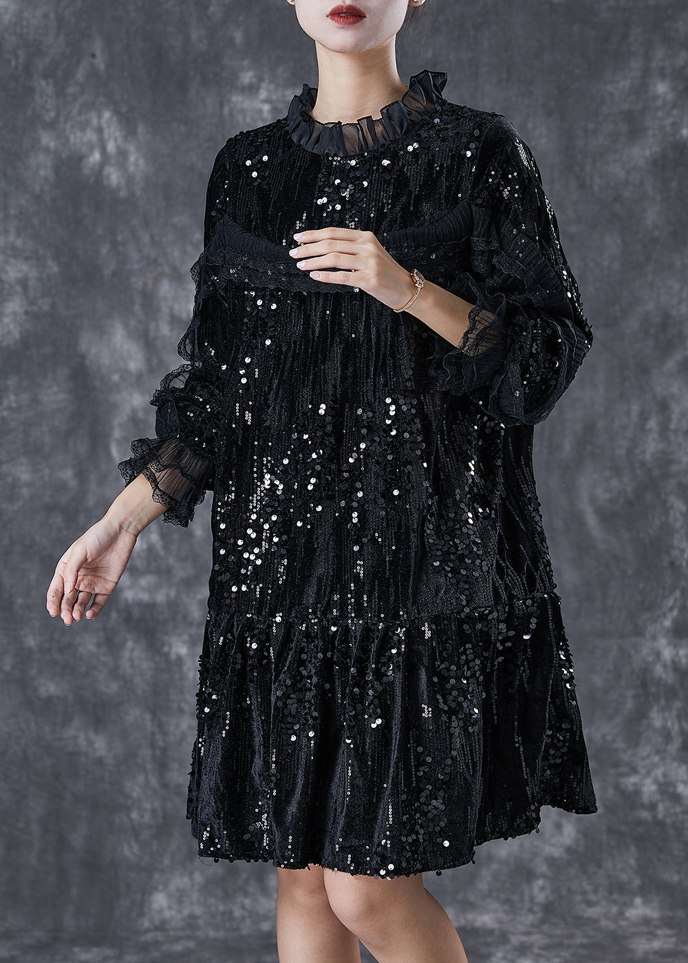 Elegant Black Sequins Patchwork Velour Mid Dresses Spring