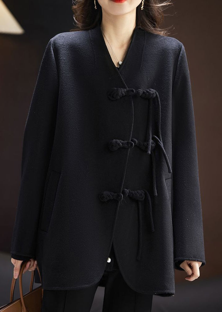 Elegant Black Solid Chinese Button Wool Coats Spring