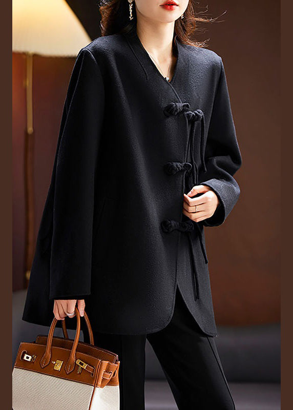 Elegant Black Solid Chinese Button Wool Coats Spring