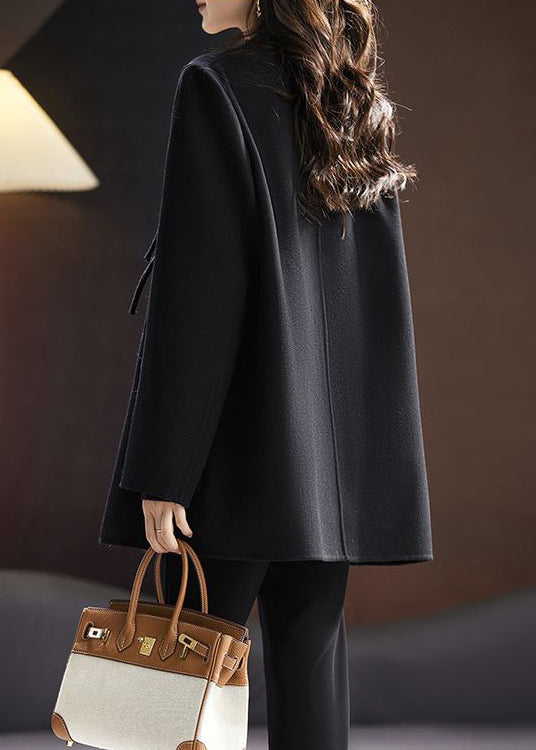 Elegant Black Solid Chinese Button Wool Coats Spring