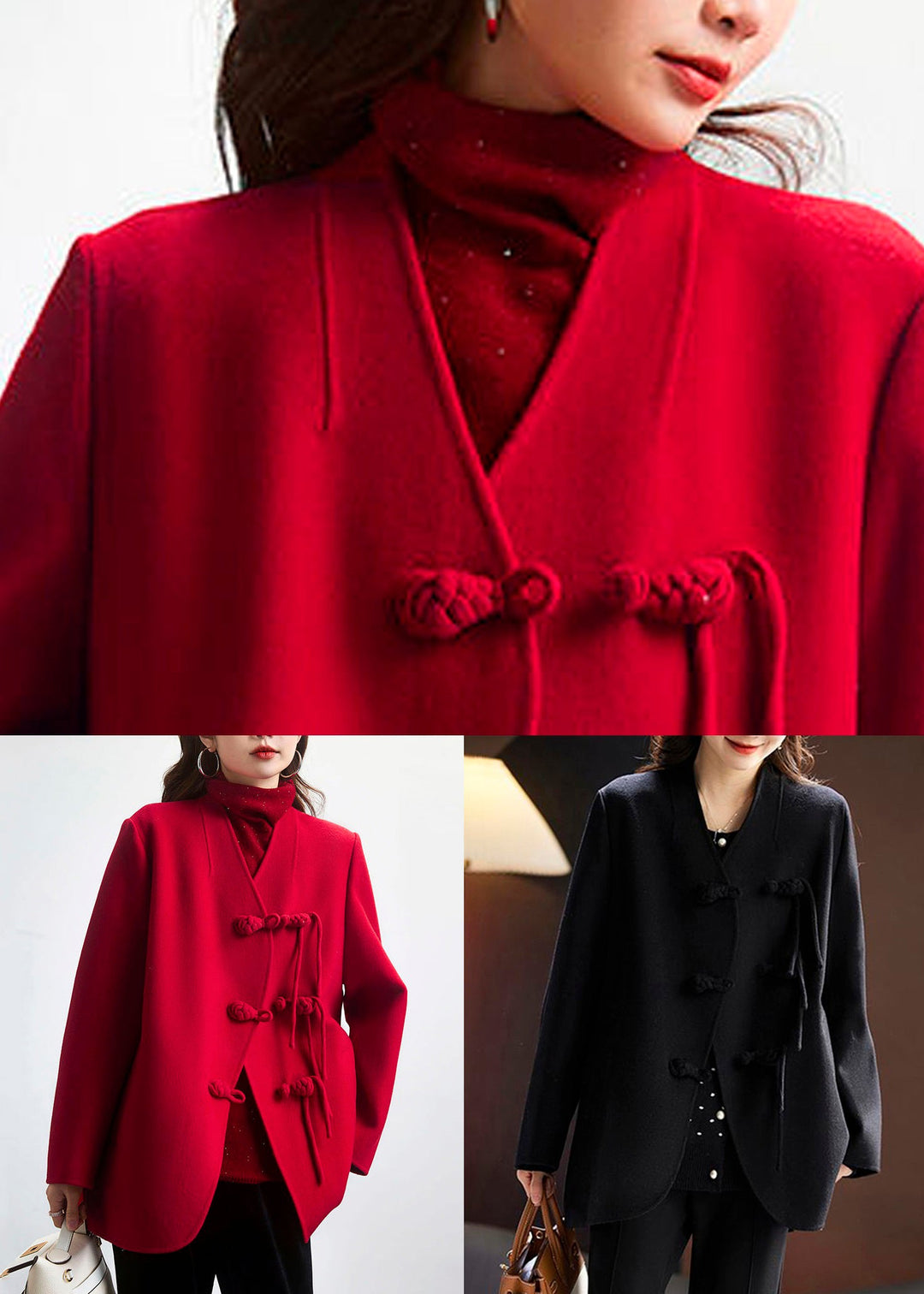 Elegant Black Solid Chinese Button Wool Coats Spring