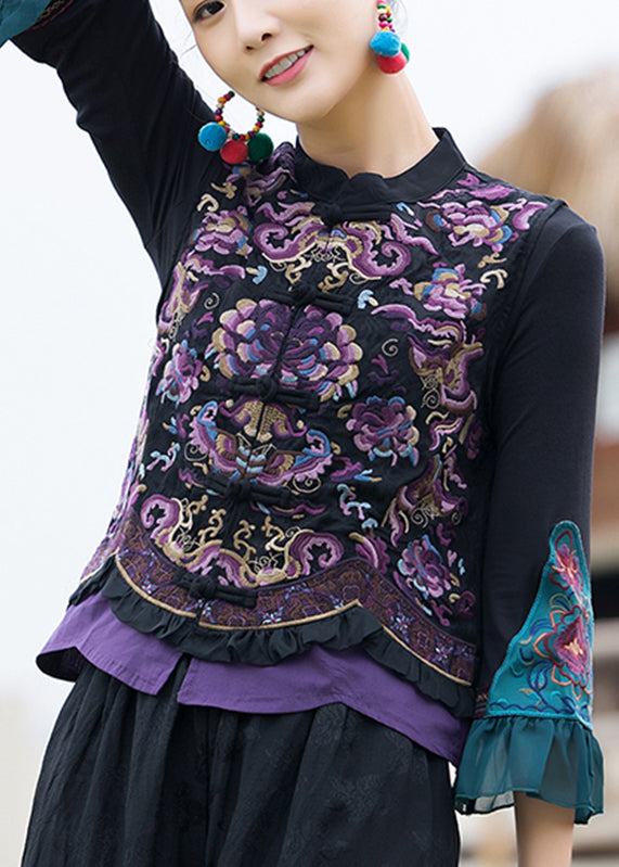 Elegant Black Stand Collar Embroideried Floral Linen Waistcoat Fall