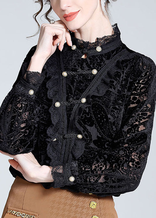 Elegant Black Stand Collar Lace Patchwork Button Silk Top Long Sleeve