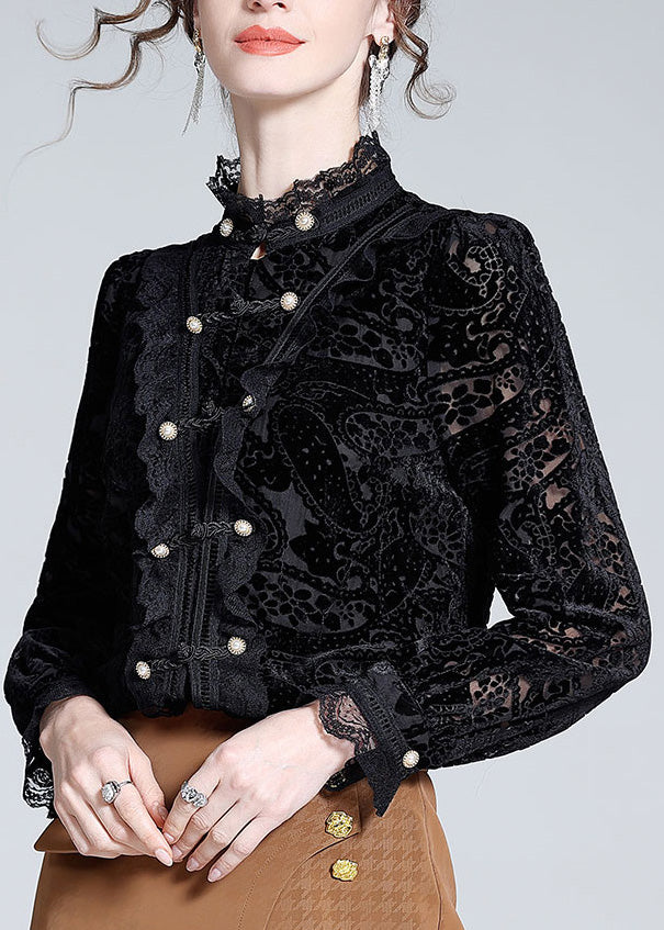 Elegant Black Stand Collar Lace Patchwork Button Silk Top Long Sleeve