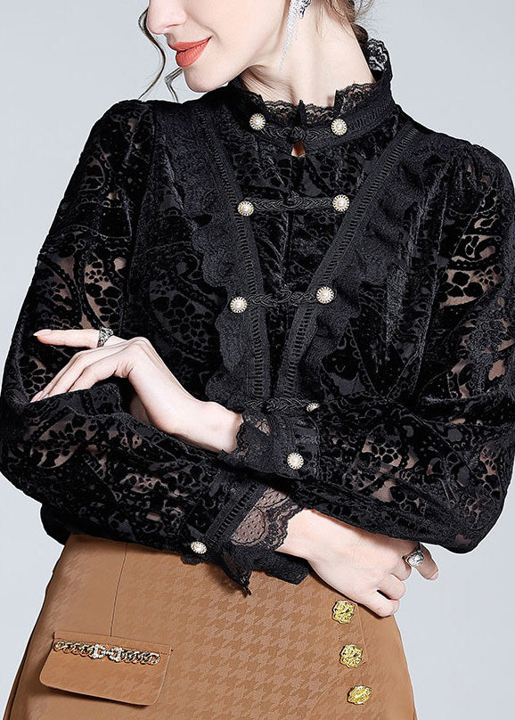 Elegant Black Stand Collar Lace Patchwork Button Silk Top Long Sleeve