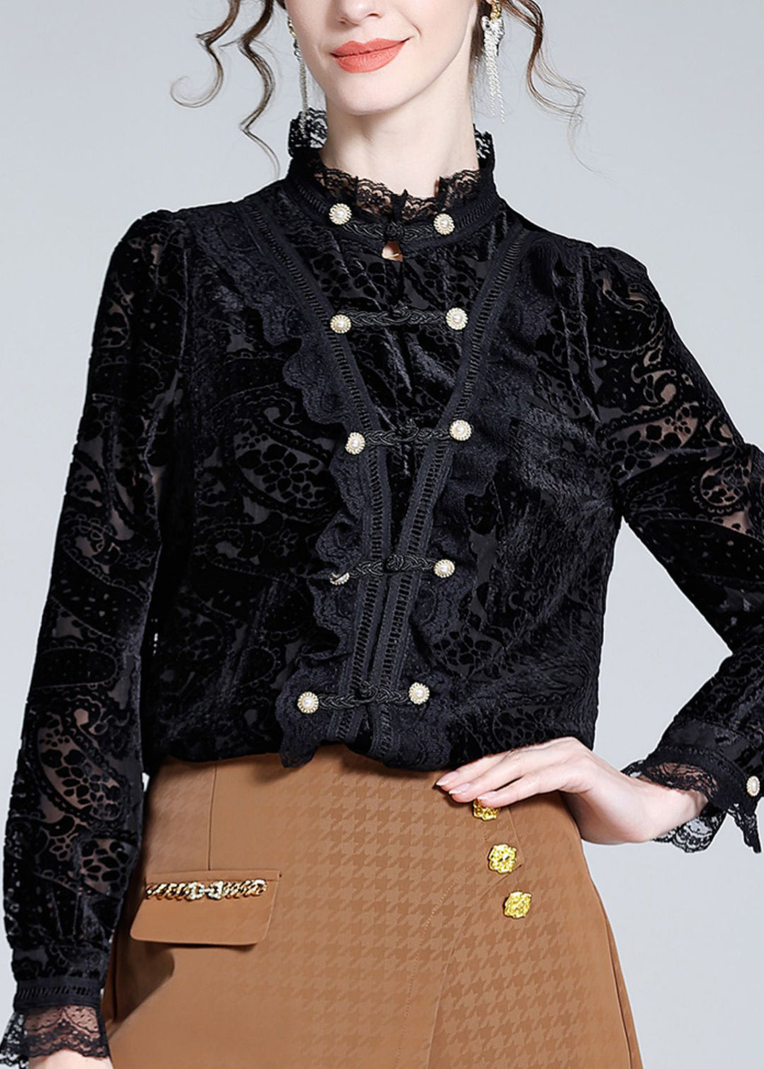 Elegant Black Stand Collar Lace Patchwork Button Silk Top Long Sleeve