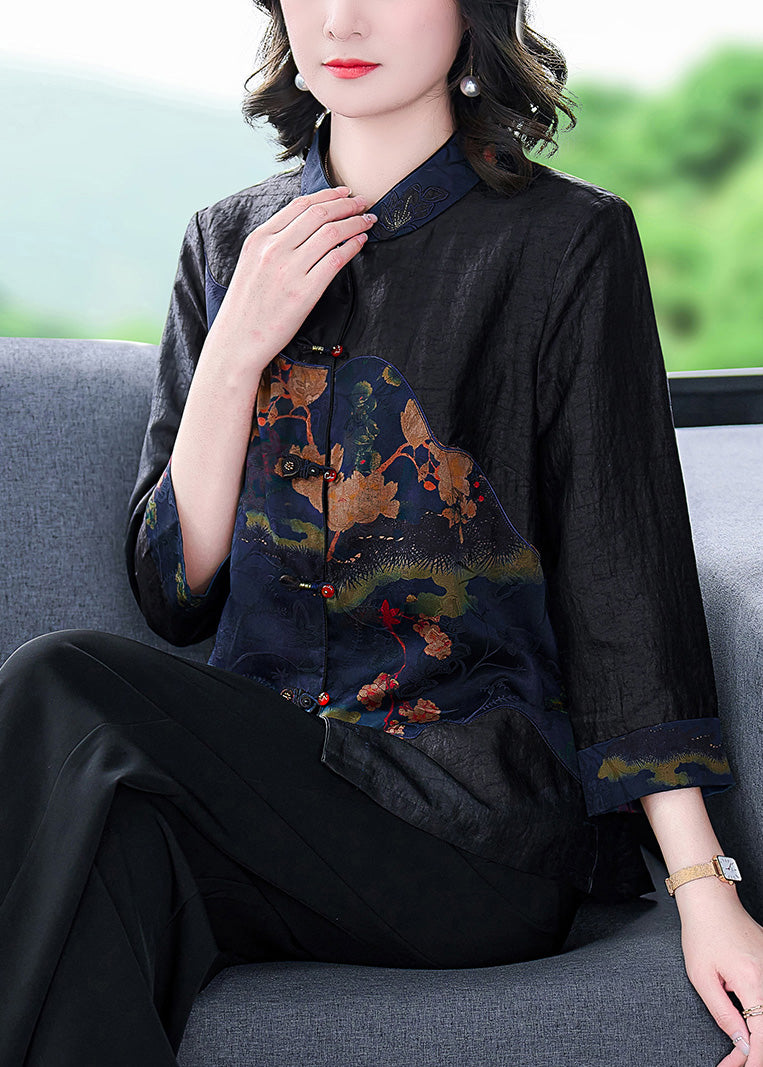 Elegant Black Stand Collar Print Button Silk Shirt Long Sleeve