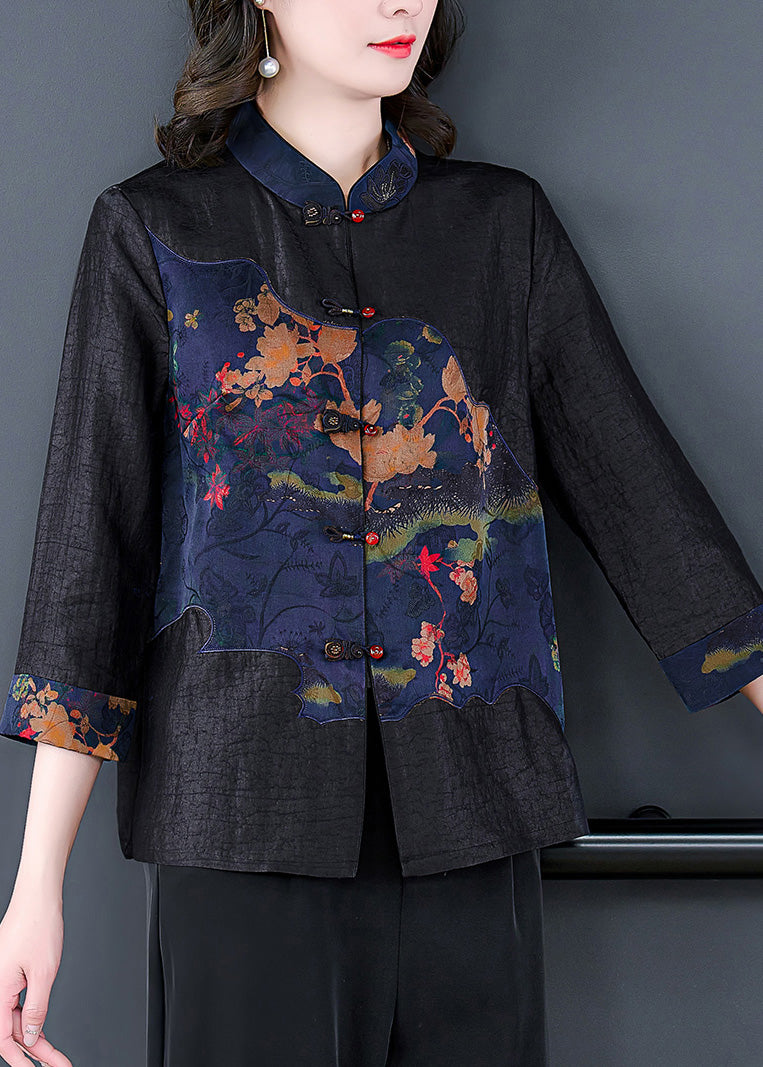 Elegant Black Stand Collar Print Button Silk Shirt Long Sleeve