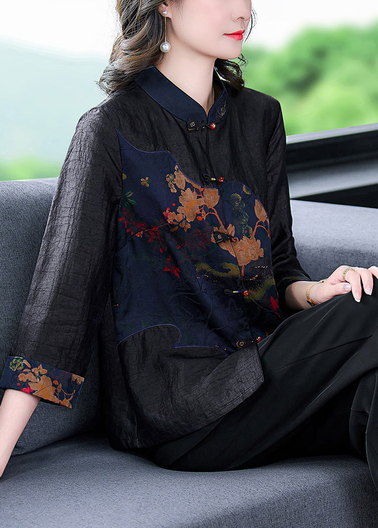 Elegant Black Stand Collar Print Button Silk Shirt Long Sleeve