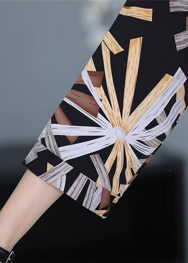Elegant Black Stand Collar Print Chiffon Women's Shirts Bracelet Sleeve