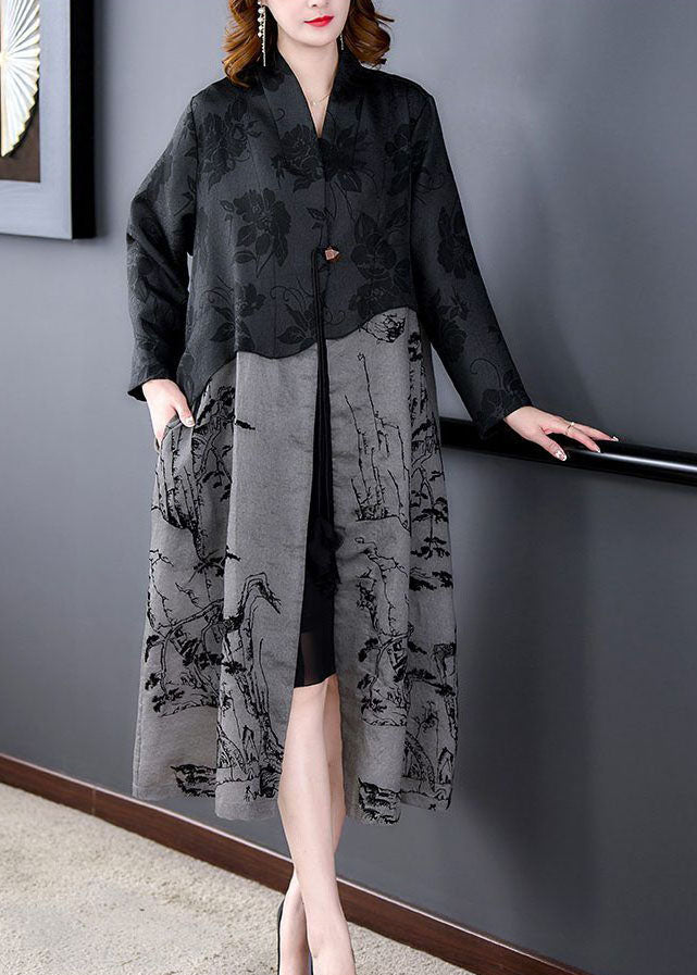 Elegant Black Tasseled Patchwork Print Silk Trench Coat Spring