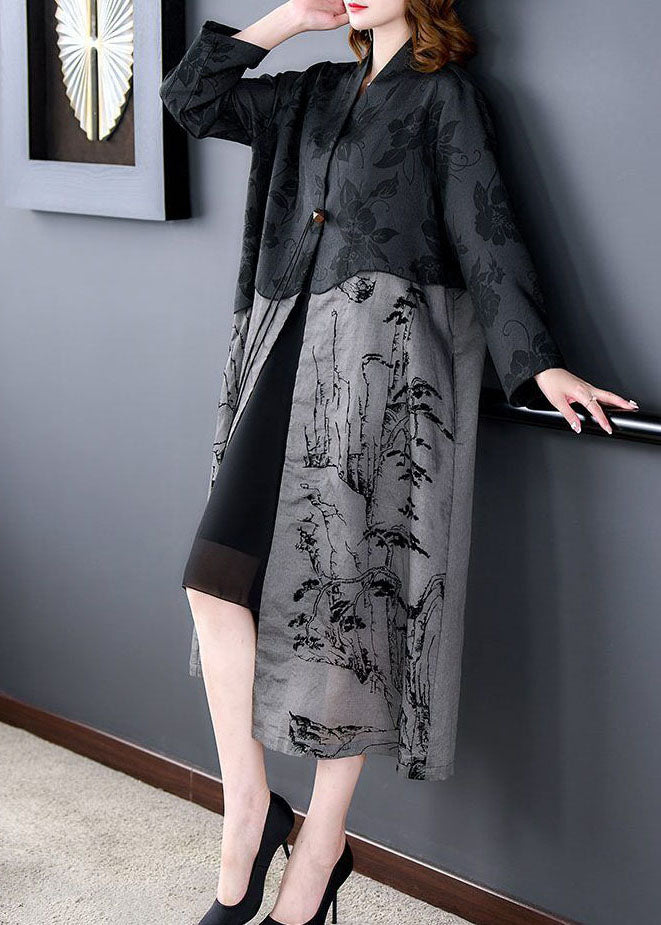 Elegant Black Tasseled Patchwork Print Silk Trench Coat Spring