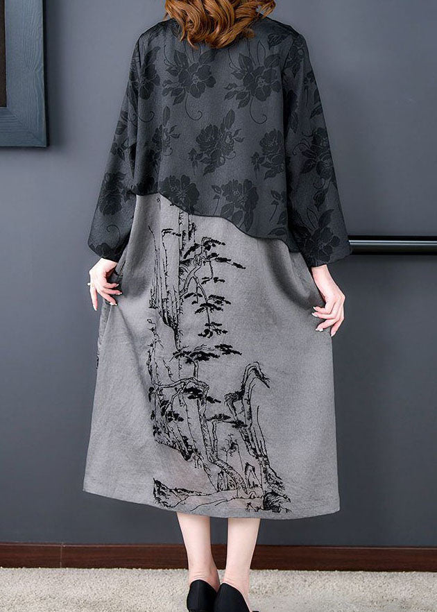 Elegant Black Tasseled Patchwork Print Silk Trench Coat Spring