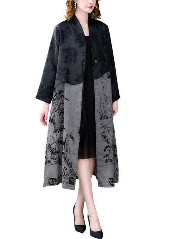 Elegant Black Tasseled Patchwork Print Silk Trench Coat Spring