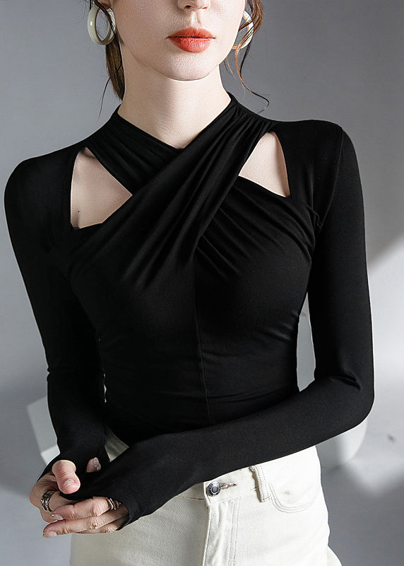 Elegant Black Turtleneck Solid Velour Tops Long Sleeve