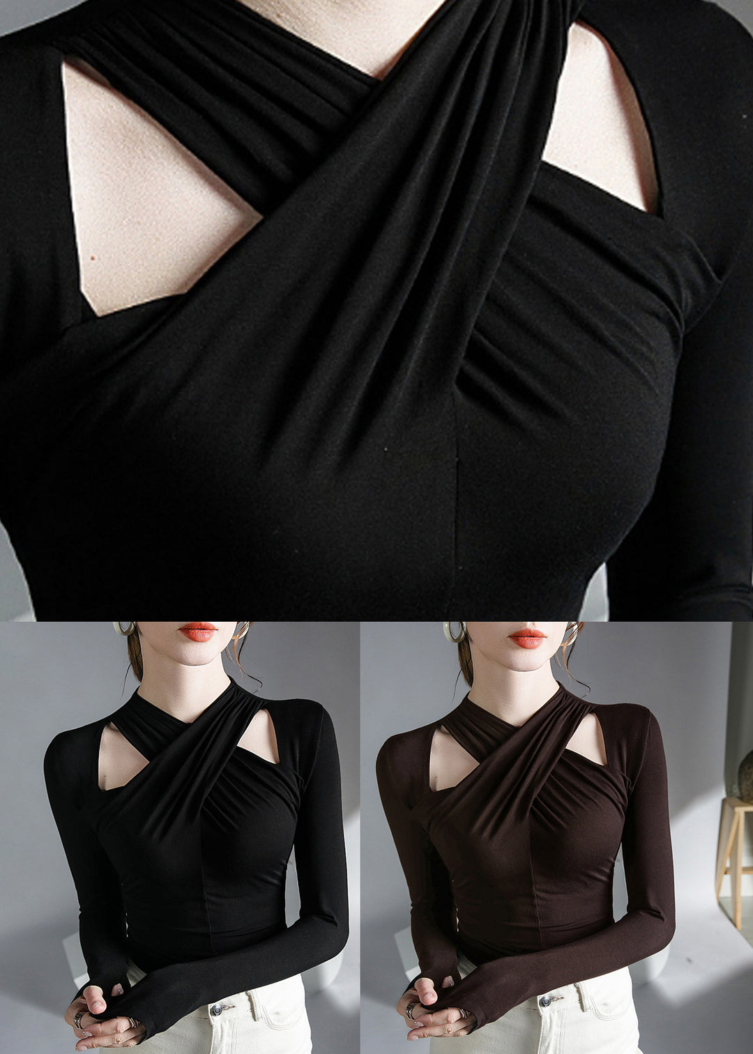 Elegant Black Turtleneck Solid Velour Tops Long Sleeve